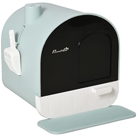 PawHut Katzentoilette mit Deckel, Katzenklo inkl. Schaufel und Streu-Matte, Ausziehbares Tablett, Katzenklo für Katzen bis 5 kg, Grün, 43 x 44 x 47 cm