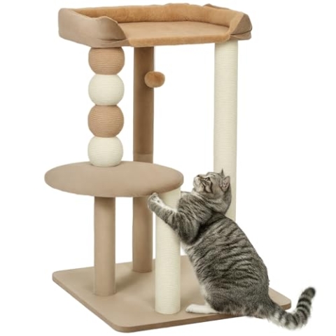 PawHut Kratzbaum 86 cm Katzenbaum mit Sprungplattform, Bett, Spielball, Katzenkratzbaum mit Jute-Kratzsäulen, für Katzen bis 7 kg, Kaffee