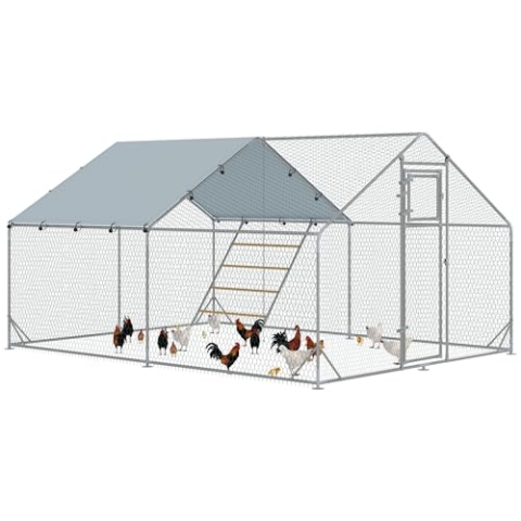 PawHut Hühnerstall Freilaufgehege aus Stahl, 3 x 4 x 1,95 m Hühnerkäfig mit UV-beständiger Abdeckung, Futtertür, Hängefütterung, Sitzstange, Hühnergehege für 12-18 Hühner, Kleintiere, Silber