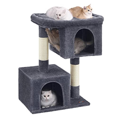 Feandrea Kratzbaum, 101 cm Katzenbaum, XL, Katzenhaus für extra große Katzen bis zu 20 kg, große Plattform, 2 Katzenhöhlen, Sisalstämme, rauchgrau PCT614G01