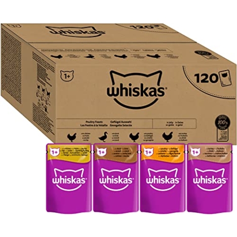 Whiskas Adult 1+ Katzennassfutter Geflügel Auswahl in Gelee, 120 Portionsbeutel, 120x85g (1 Großpackung) – Hochwertiges Katzenfutter nass, für ausgewachsene Katzen