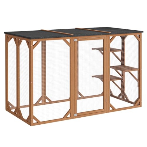 Wiltec Freilaufgehege Katzen 180 x 80 x 111,8 cm mit 3 Liegeflächen, wetterfestes Katzengehege Garten, Katzenhaus mit Drahtgitter und Bitumen Dach