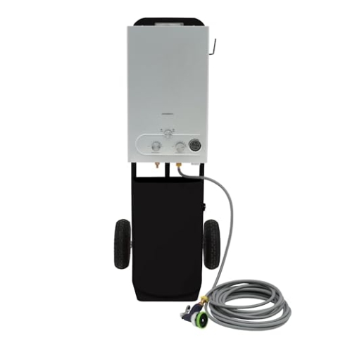 Tragbare Pferdedusche mit Stahlwagen, schwarz, 18 l, Durchlauferhitzer, Gasboiler, LPG-Heizung, 10 m Wasserschlauch und 9-Muster-Sprühpistole, Camping, Outdoor, Ablagefach, Seitenhaken und Zubehör