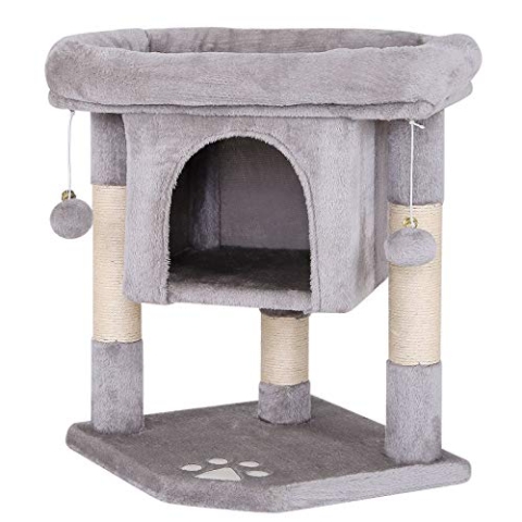 lionto Kratzbaum für Katzen mit Höhle & 2 Plüschballen inkl. Glöckchen, Höhe 60 cm, Katzenbaum mit robustem Sisalseil & weichem Plüsch, gemütliche Liegefläche, für kleine & große Katzen, hellgrau