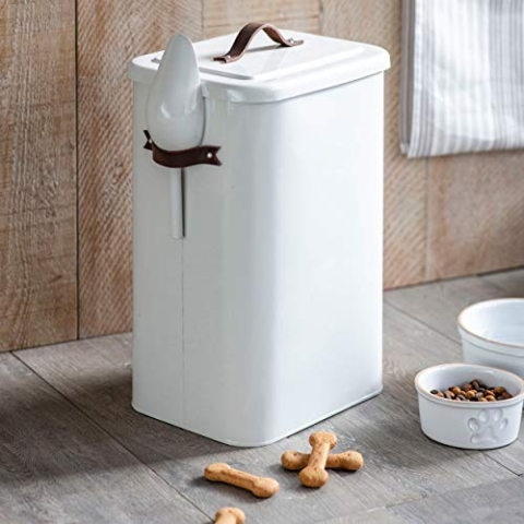 CKBLTD Aufbewahrungsdose für kleine Haustiere, mit Schaufel, hält Hunde und Katzen Tierleckerli, Metall Futterdose versiegelter Deckel, Ledergriff, aus kreidefarbenem Stahl, 13 kg, H45 x B32 x T24cm