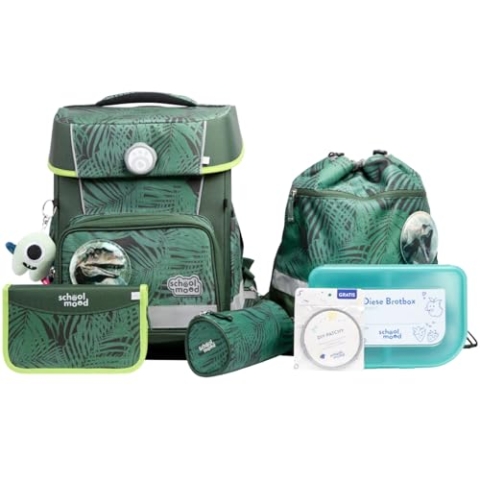 SCHOOL-MOOD Champion Pro Daniel Dinosaurier Schulranzenset 7-teilig 21,5L Stauraum, ergonomisches Easy Fit System für 1 m bis 1,50 m Körpergröße, standfest, wasserdichter Stoff mit Reflektoren