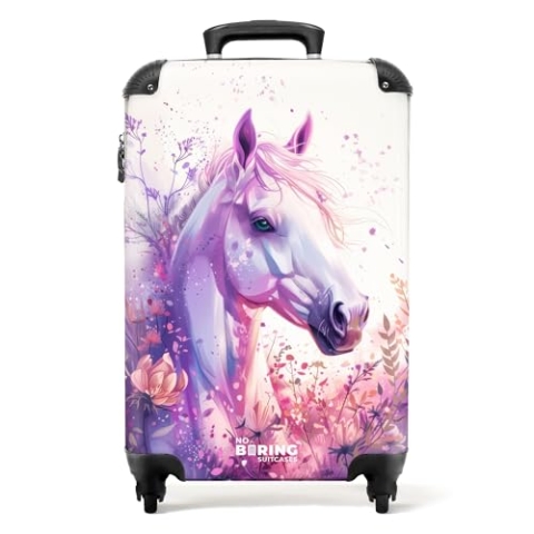 NoBoringSuitcases.com Kinderkoffer, Kinderkoffer Mädchen, Koffer Kinder, Kinder Reisekoffer, Kabinentrolley Mädchen, Handgepäck Koffer, Rollkoffer, Handgepäck 55x40x20 cm (Pferd - Violett-Rosa)