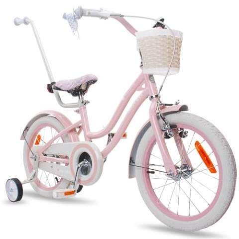 sun baby Mädchenfahrrad 16 Zoll Radgröße Heart Bike zur Auswahl, mit Abnehmbarer Schubstange, Kinderfahrrad für Mädchen von 2 bis 6 Jahre (Silver Moon Rosa, 16 Zoll)