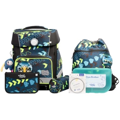 SCHOOL-MOOD Champion Maxx Pro Schulranzenset 7-teilig 22L Stauraum, ergonomisches Grow with You System für 1 m bis 1,50 m Körpergröße, wasserdichter Stoff mit Reflektoren (Elias Rennwagen)