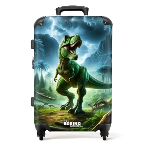 NoBoringSuitcases.com Kinderkoffer, Kinderkoffer Jungen, Koffer Groß, Koffer Kinder Jungen, TSA Schloss, Kindertrolley Jungen, Koffer Grün, Trolley Koffer Mittelgroß (Dinosaurier - Grün, 67 cm - 72 L)