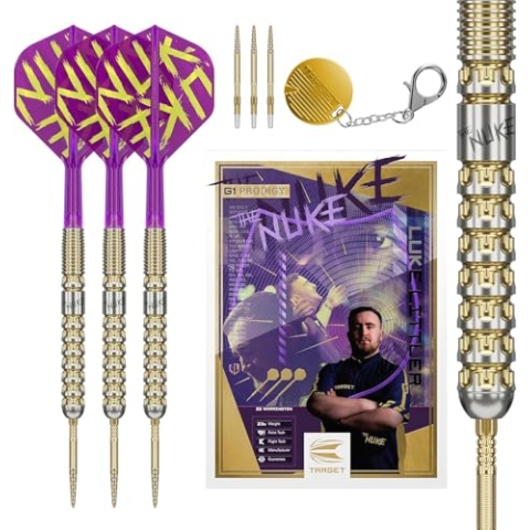 Target Darts Luke Littler Gen 1 Prodigy Swiss Point Steeldarts, 90% Tungsten Darts, 22G | Generation 1 Gold Steeldarts, Player Edition Swiss Points Dart Sets, K-Flex Flights und Shafts