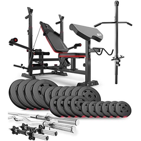 Hop-Sport Hantelbank Kraftstation HS-1075 mit Lang-, Curl- & Kurzhantel Gewichte 75kg bis 173kg + Latzug (105kg)