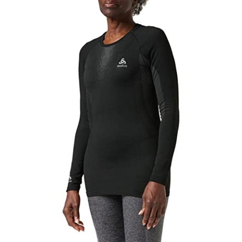 Odlo Damen PERFORMANCE WARM Baselayer Langarm-Shirt mit Rundhals, Black - Odlo Concrete Grey, XL