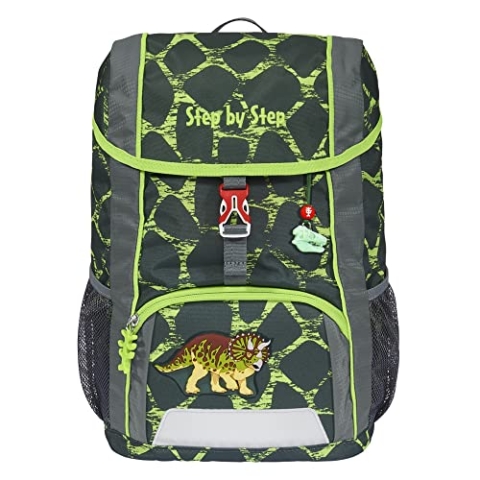 Step by Step Rucksack-Set Kid „Dino Tres“, mit Sitzkissen, ergonomischer Mini-Ranzen mit höhenverstellbarem Brustgurt, für Kindergarten, Vorschule und Freizeit, 13 l, grau-grün