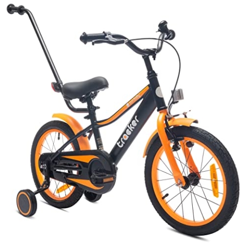 sun baby Jungenfahrrad 16 Zoll Jungen Kinderfahrrad Tracker Bike Leicht Stützräder mit Schubstange ab 2-6 Jahre BMX Fahrrad Kinder (Neon Orange, 16 Zoll)