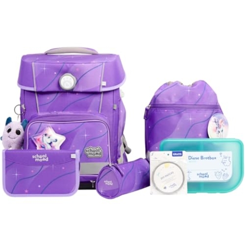 SCHOOL-MOOD Champion Maxx Pro Schulranzenset 7-teilig 22L Stauraum, ergonomisches Grow with You System für 1 m bis 1,50 m Körpergröße, wasserdichter Stoff mit Reflektoren (Marie Pegasus)