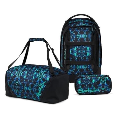 Satch Pack Schulrucksack Set 3tlg. inkl. Schlamperbox und Sporttasche (Caleido Blue)