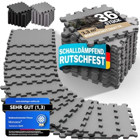 MONZANA® 36x Bodenschutzmatten Fitness & Pool mit Randstücken 30 x 30 cm 3 qm rutschfest Eva-Schaumstoff Puzzlematte Trainingsmatten Fitnessgeräte