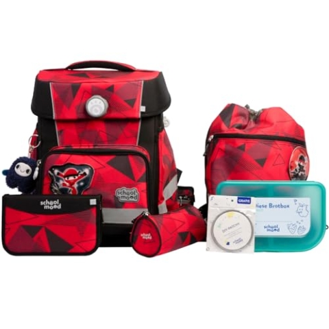 SCHOOL-MOOD Champion Maxx Pro Schulranzenset 7-teilig 22L Stauraum, ergonomisches Grow with You System für 1 m bis 1,50 m Körpergröße, wasserdichter Stoff mit Reflektoren (Kai Ninja)