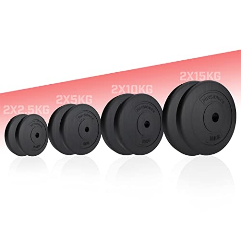 Physionics® Hantelscheiben - 2er Set (2.5/5/10/15 kg), Ø 30 mm, Kunststoff, Schwarz - Gewichtsscheiben Set Gewichte für Hantel/Langhatel/Kurzhantel (2 x 15 kg)