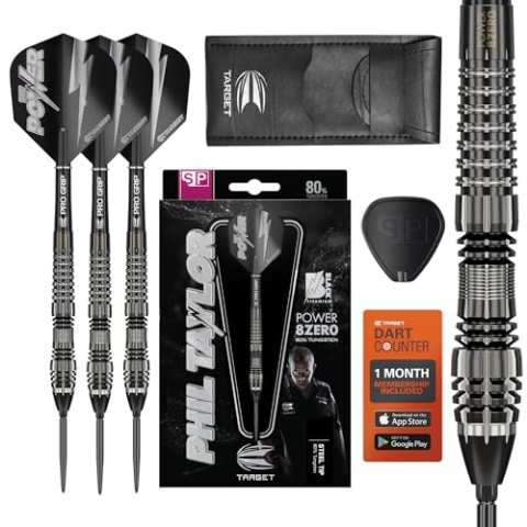 Target Darts Phil Taylor Power 8-Zero 4 Schwarzer Steel Tip Swiss Point Dart, Dartset mit 80% Wolfram, P8Z4, 25G | Spieler-Edition Darts mit Swiss Points, SP-Tool, inklusive schwarzem Dart-Etui