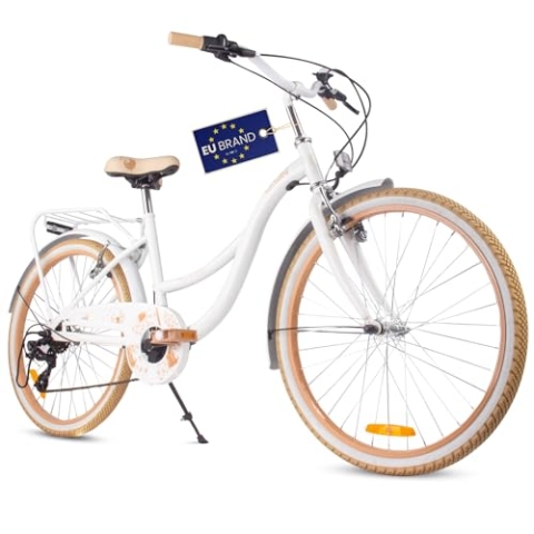 sun baby Mädchenfahrrad 24 Zoll Flower Bike Beige und Weiß, Kinderfahrrad für 8-12 jährige Mädchen mit 7-Gang, Gepäckträger, Metallkotflügel, V-Brake, Kettenschutz