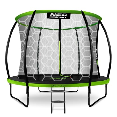 Neo-Sport Trampolin Outdoor Kinder Gartentrampolin Sicherheitsnetz Innen Leiter Gepolsterte Stangen Wetterfest Rostfrei Belastbar bis 100 kg Grün Schwarz 252 cm