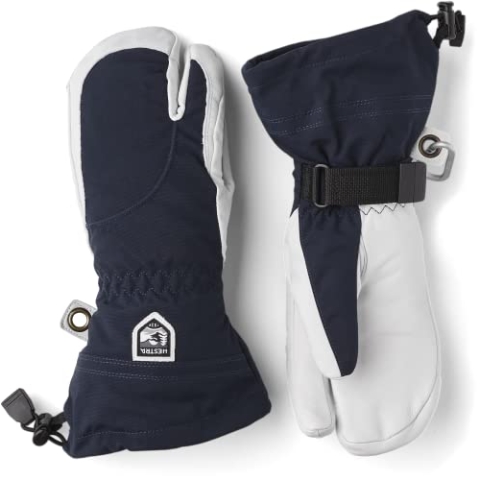 Hestra Heli Ski Damen-Handschuh, klassischer 3-Finger-Leder-Schneehandschuh zum Skifahren, Snowboarden und Bergsteigen (Damenpassform), Marineblau/Offwhite, Größe 8