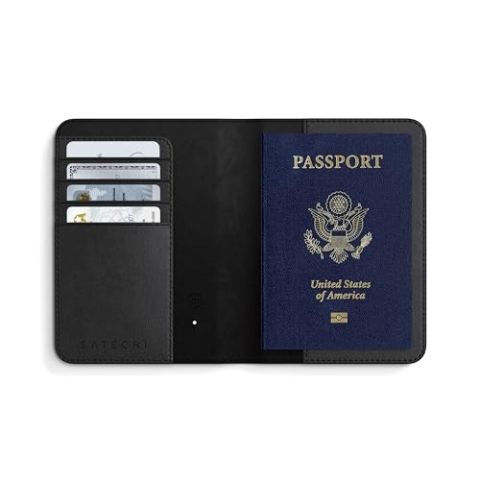 SATECHI Passhülle mit Apple Find My – Smart Reisepass-Tracker mit Ortung, Standortverfolgung, RFID-Schutz, kabelloser Ladefunktion & 4 Kartenfächern – Essentielles Reiseaccessoire – Schwarz