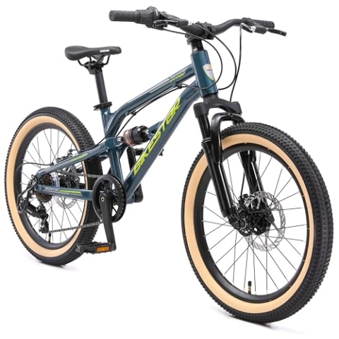 BIKESTAR Kinder Fahrrad Aluminium Fully Mountainbike 7 Gang Shimano, Scheibenbremse ab 6 Jahre | 20 Zoll Kinderrad Fully MTB | Petrol