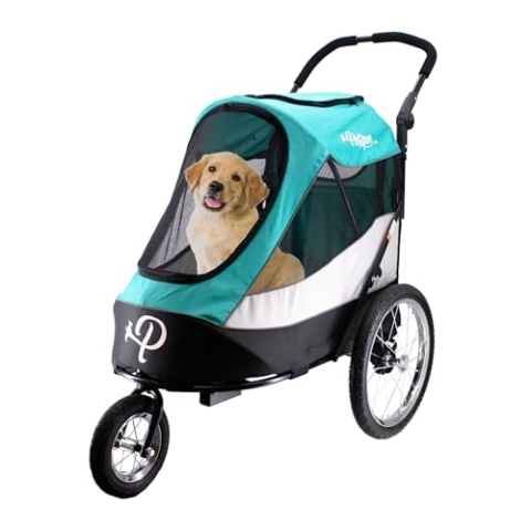Petique Trailblazer Jogger Hundewagen für mittelgroße Hunde & Katzen, Luftreifen, verstellbarer Griff, Pee Pad, 3 Leinen, Regenhaube, Fahrradadapter – Farbe: Neptune