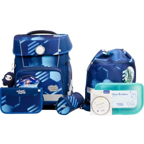 SCHOOL-MOOD Champion Maxx Pro Schulranzenset 7-teilig 22L Stauraum, ergonomisches Grow with You System für 1 m bis 1,50 m Körpergröße, wasserdichter Stoff mit Reflektoren (Jonas Fußbal)
