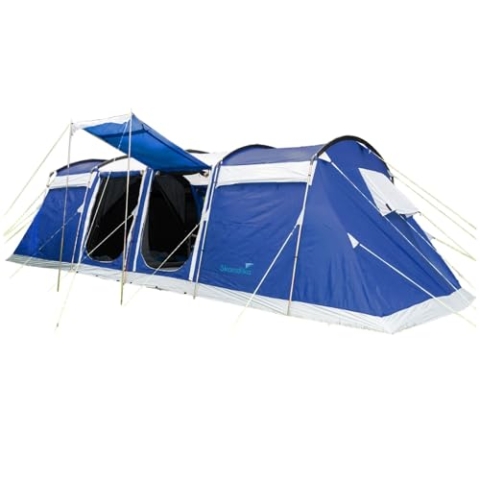 Skandika Tunnelzelt Montana Sleeper Protect 8 Personen | Camping Zelt mit eingenähtem Zeltboden, Sleeper Technologie, 3-4 Schwarze Schlafkabinen, 5000 mm Wassersäule | Familienzelt