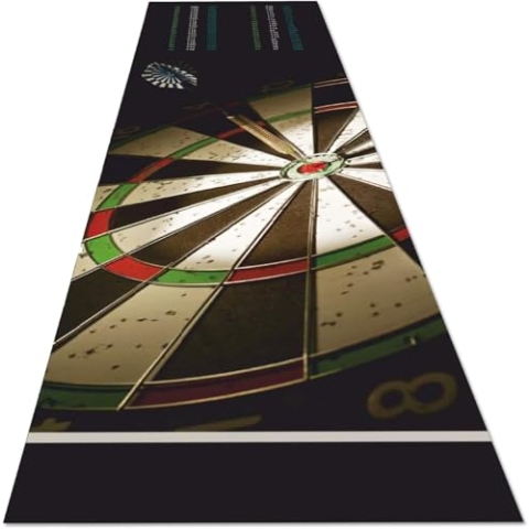 Studio M - Dartteppich mit Oche 60x250 cm – für Steeldarts – mit Abwurflinie (ab 237 cm) & Checkout-Tabelle – rutschfest – schwarz