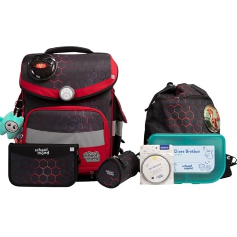 SCHOOL-MOOD Timeless Pro Schulranzenset 7-teilig 23,5L Stauraum, ergonomisches Easy Fit System für 1 m bis 1,50 m Körpergröße, standfest, wasserdichter Stoff mit Reflektoren (Mika Drache)