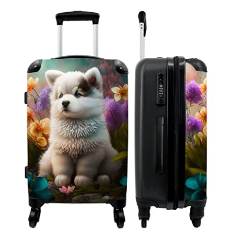 NoBoringSuitcases.com® Koffer groß Trolley Rollkoffer Reisekoffer mit 4 Rollen Fotokoffer - Welpe - Blumen - Pflanzen - Natur - Husky - 67x43x25cm - 90 Liter