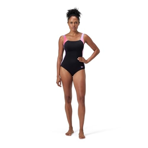 Speedo Damen Formgebender Lunalustre Badeanzug mit Print | Shapewear | Strand- und Urlaubsbademode Schwimmbekleidung, Neon Violet, 38