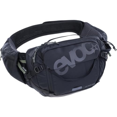 EVOC HIP PACK PRO 3 + HYDRATION BLADDER 1,5, Hüfttasche (AIR FLOW CONTACT SYSTEM, AERO FLEX Hüftgurt, inkl. 1,5l Trinkblase und Flaschenhalter, One Size), Schwarz