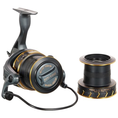 PENN Surfblaster III Longcast Angelrolle, Spinnrollen für das Meeresangeln, Langstrecke Spule Surf Wurfhaspel für Salzwasser Strand- und Felsangeln, Schwarz, Gold, Größe 7000