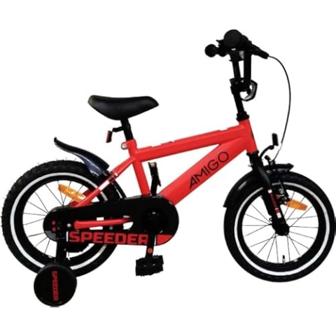 AMIGO Speeder - Kinderfahrrad - 14 Zoll - mit Handbremse, Rücktritt, Lenkerpolster und Stützräder - ab 4-5 Jahre - Rot/Schwarz