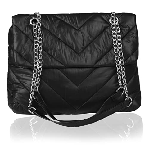 Schwarze Gesteppte Umhängetasche, Silberne Kette 30,5 x 8 x 21 cm