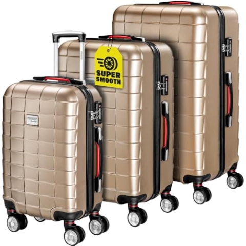 Monzana® 3tlg. Kofferset Exopack TSA Schloss Hartschalen Koffer M-L-XL Gel-Griffe 4 Zwillingsrollen Standfüße Trolley Rollkoffer Reisekoffer Champagner