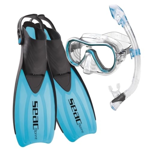 Seac Unisex-Adult Sprint Set mit riemenverstellbaren Flossen, Tauchmaske und Schnorchel mit Dry-Top, blau, 42/44
