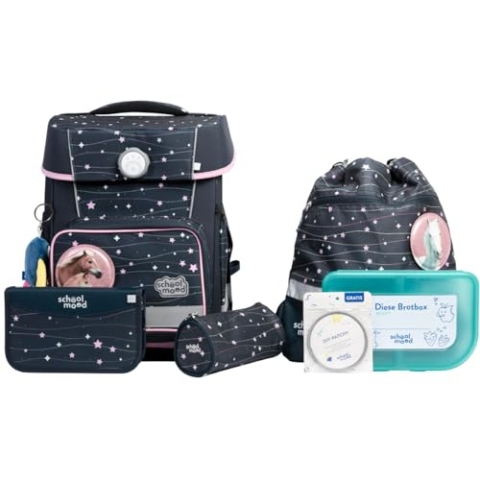 SCHOOL-MOOD Champion Pro Ella Pferd Schulranzenset 7-teilig 21,5L Stauraum, ergonomisches Easy Fit System für 1 m bis 1,50 m Körpergröße, standfest, wasserdichter Stoff mit Reflektoren