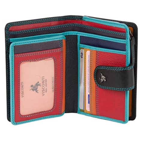 VISCONTI ® Leder Geldbeutel Damen RFID Schutz Geldbörse Damen Portemonnaie Bifold Mehrfarbig Portmonee in Geschenk-Box ''Rainbow''(RB51 Black Multi)