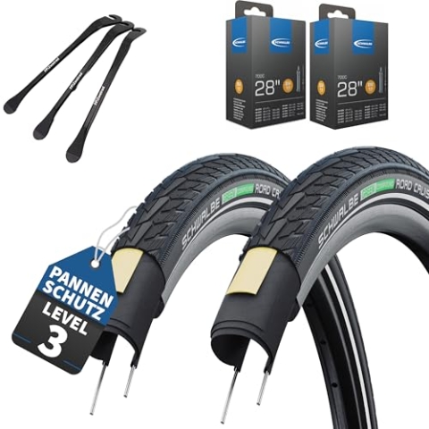 Schwalbe Road Cruiser Fahrradreifen Schwarz Reflex 28 x 1,60 Zoll (42-622) + AV | DV | SV + MSZweirad Reifenheber (DV-Ventil Schläuche, 28x1.40 Zoll (37-622))
