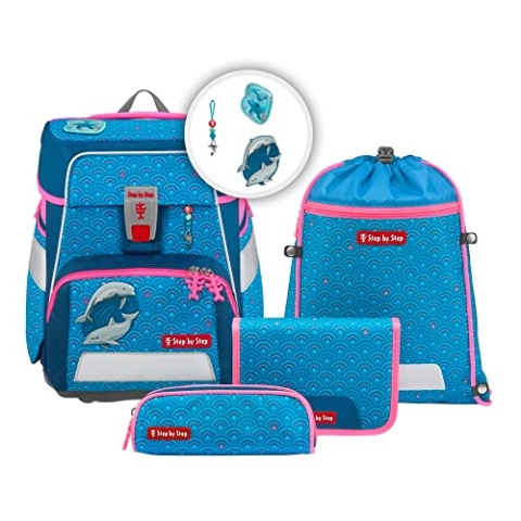 Step by Step Schulranzen-Set Space „Dolphin Pippa“ 5-teilig, ergonomischer Tornister, höhenverstellbar mit Hüftgurt, für die Grundschule, ab der 1. Klasse, 20L, blau-türkis, Delfin-Design