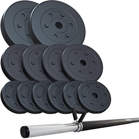 ScSPORTS® Hantelset - 20/30kg, Gewichte, 30mm, Kunststoff, Langhantelstange 140cm, Chrom, mit Federverschluss, Verstellbar - Hantelstange mit Gewichten (27,5 kg (2 x 5 + 4 x 2,5 + 6 x 1,25))
