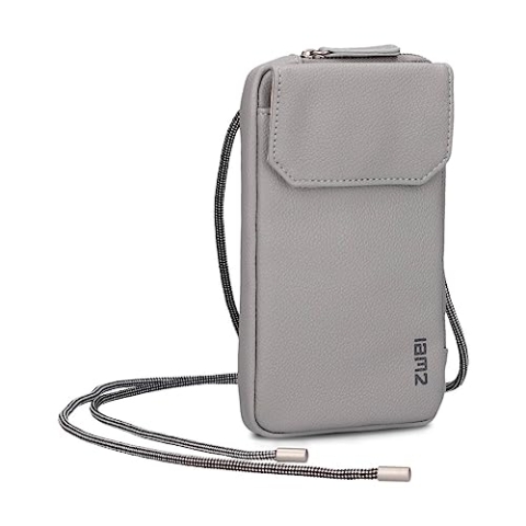 Zwei Handytasche zum Umhängen Mademoiselle.M MP30 Smartphone-Etui & Geldbörse 2-in-1, umlaufender Reißverschluss, längenverstellbarer Riemen, Mini-Handtasche 19 x 10 x 3 cm (Foggy)