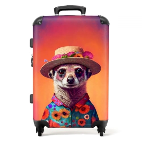 NoBoringSuitcases.com® Koffer groß Trolley Rollkoffer Reisekoffer mit 4 Rollen Fotokoffer - Erdmännchen - Blumen - Hut - Tiere - Porträt - 67x43x25cm - 90 Liter